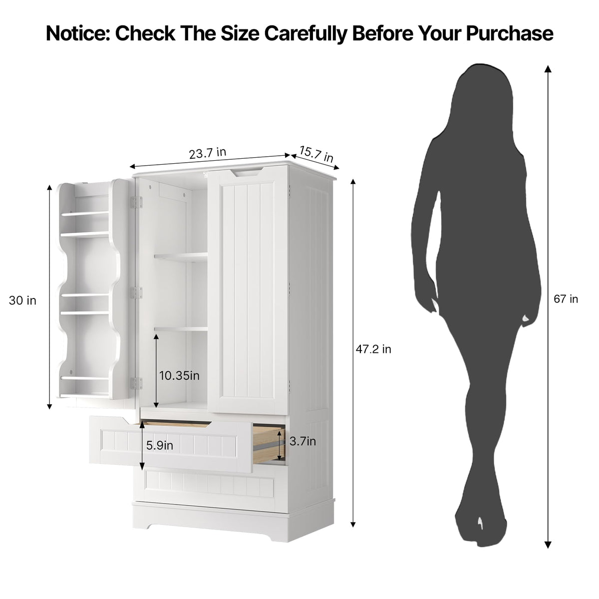 White Pantry Cabinet with 2 Drawers and 6 Door Shelves Z885932