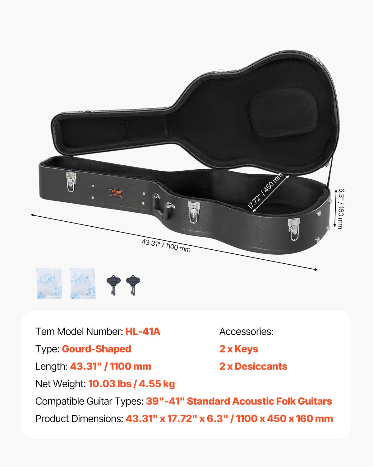 Black 43.31 in Gourd-Shaped Acoustic Guitar Hard Case S933