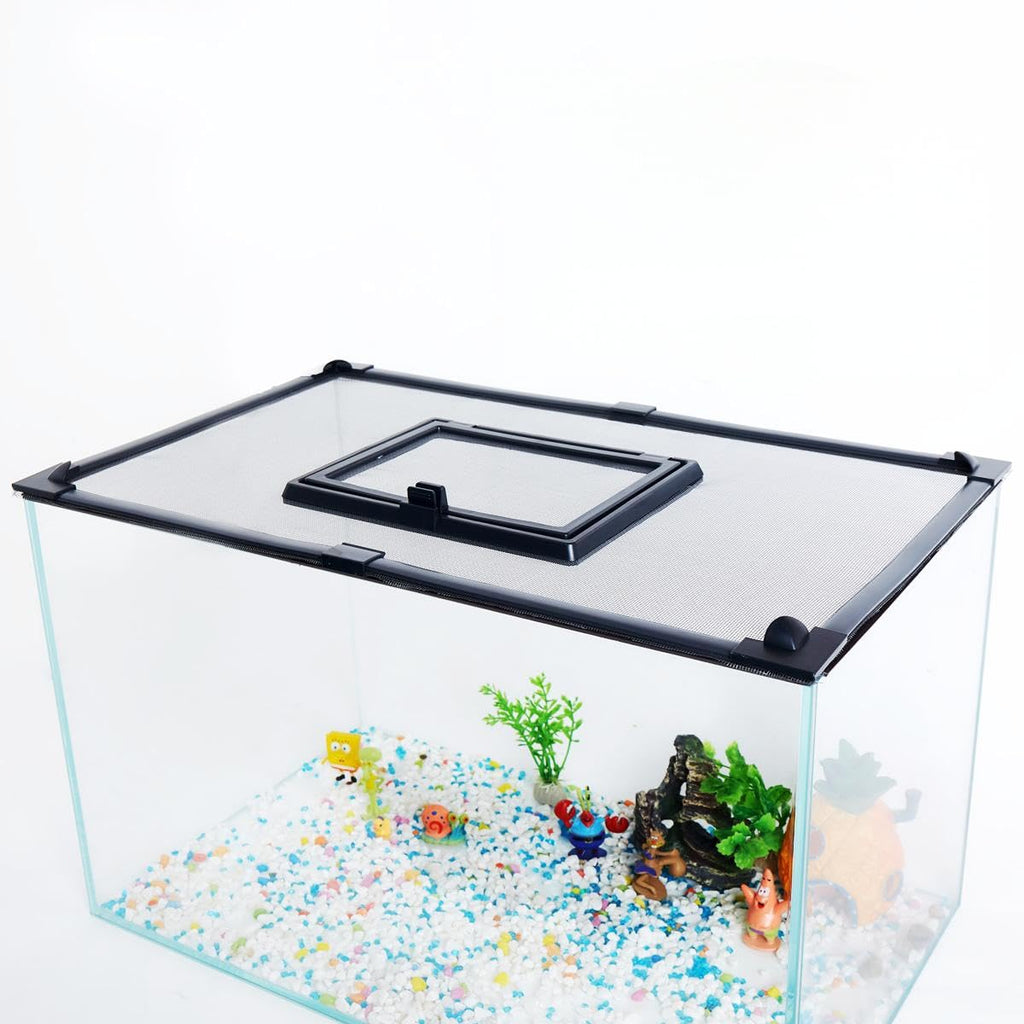 Magnetic Fish Tank Cover with Feeding Window Dark Grey Frame Grey Fiberglass Net O686997