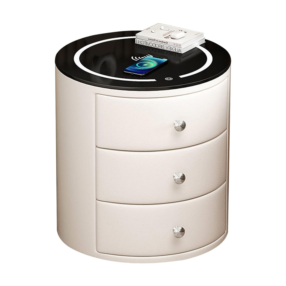 White 3 Drawer PU Leather Nightstand with Wireless Charging and LED Lights I73096