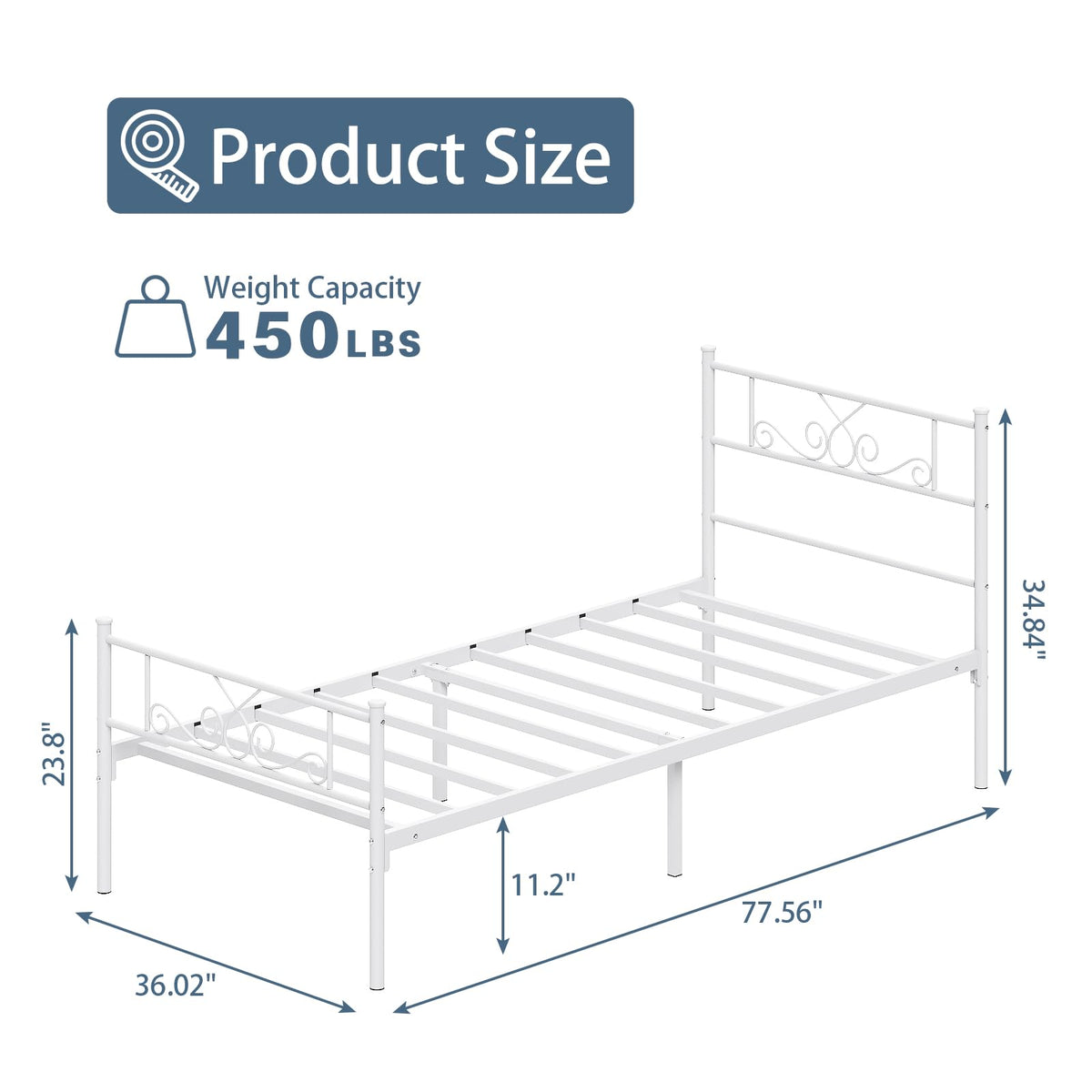 White Metal Twin Size Bed Frame with Headboard C3508