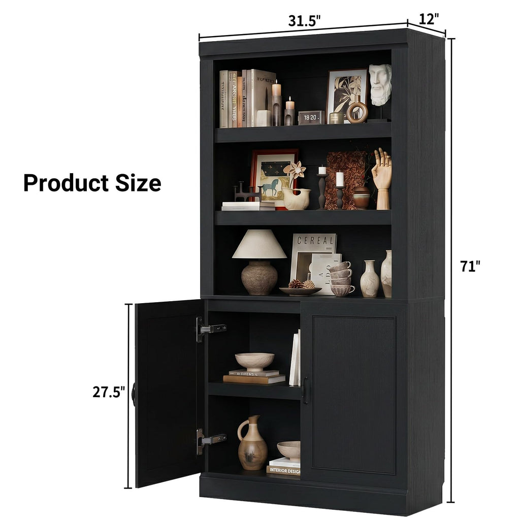 71" Tall Black Bookshelf with Doors and Adjustable Shelves Z898