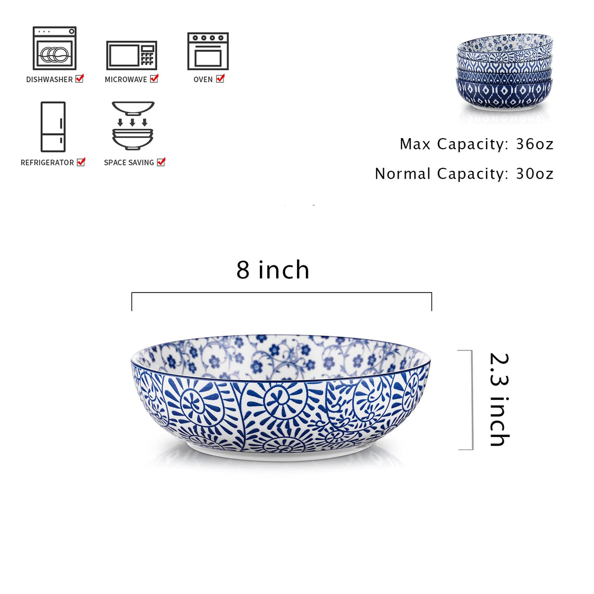 Ceramic Pasta Bowls Set of 4, 30 OZ Vintage Blue B726