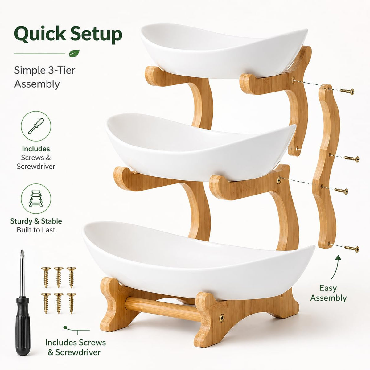 3-Tier Plastic Fruit Bowl Basket with Bamboo Stand L46358