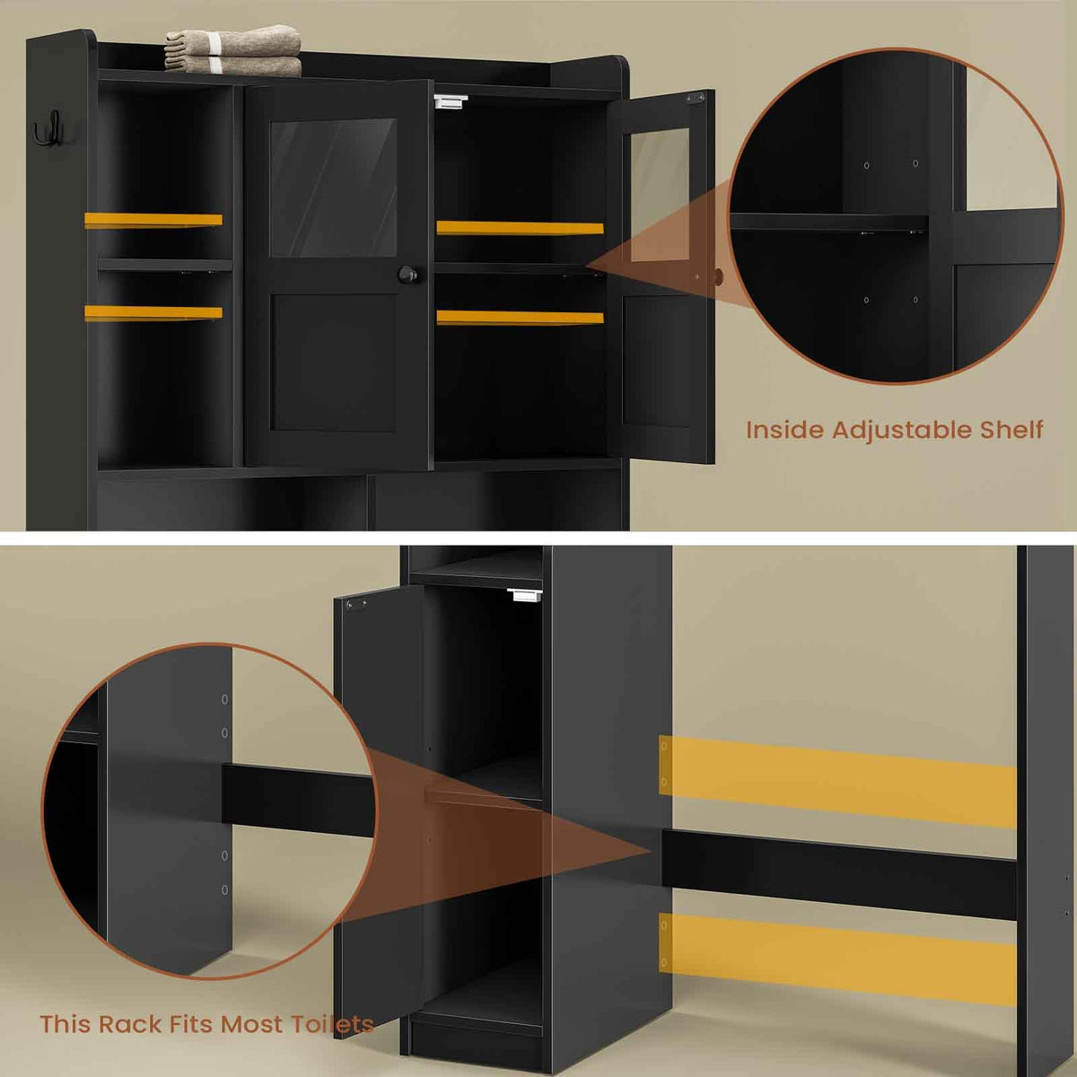 Over The Toilet Storage Cabinet with Glass Doors & Toilet Paper Holder Stand J7884