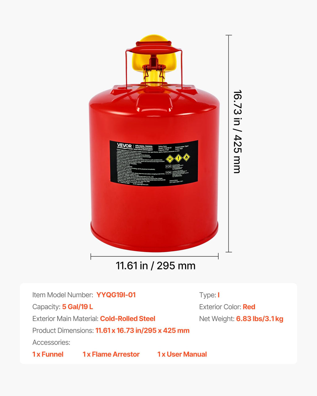 5 Gallon Red Metal Safety Gas Can with Flame Arrester V1864