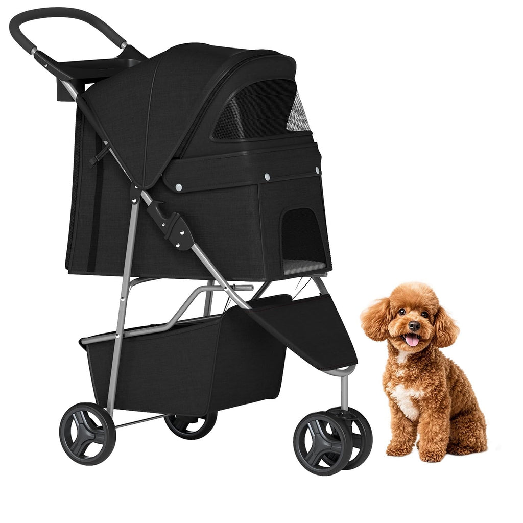 3-Wheel Pet Stroller Breathable Mesh Foldable Black N649