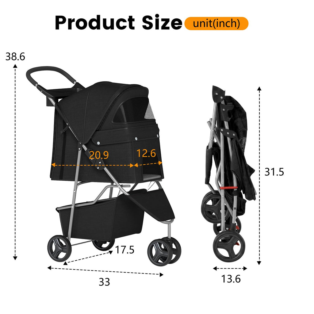 3-Wheel Pet Stroller Breathable Mesh Foldable Black N649