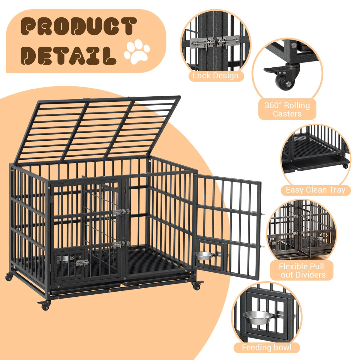 42 inch Heavy Duty Metal Dog Crate with Removable Tray and Wheels K897