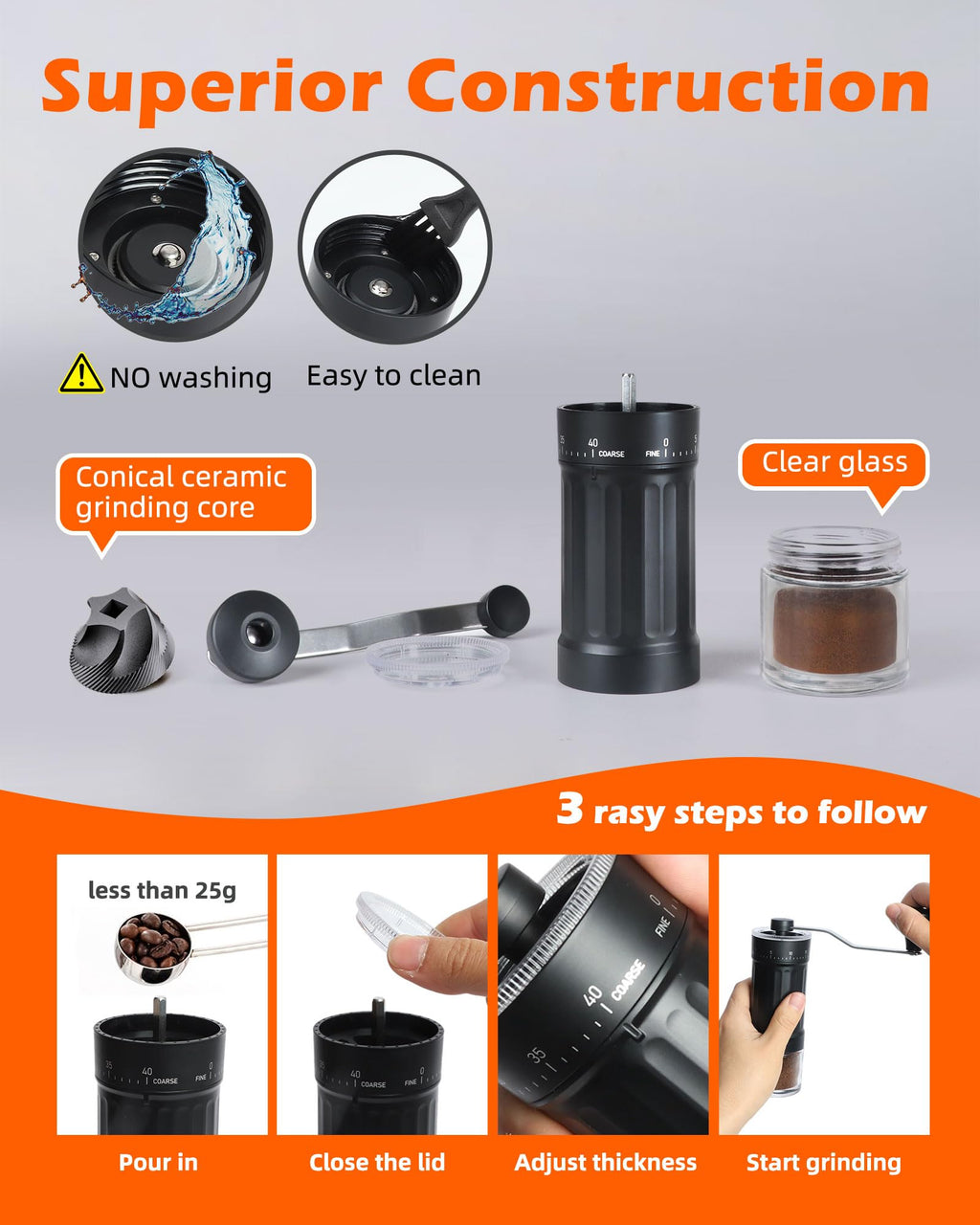 Manual Ceramics Burr Coffee Grinder with 40 Adjustable Settings J43785