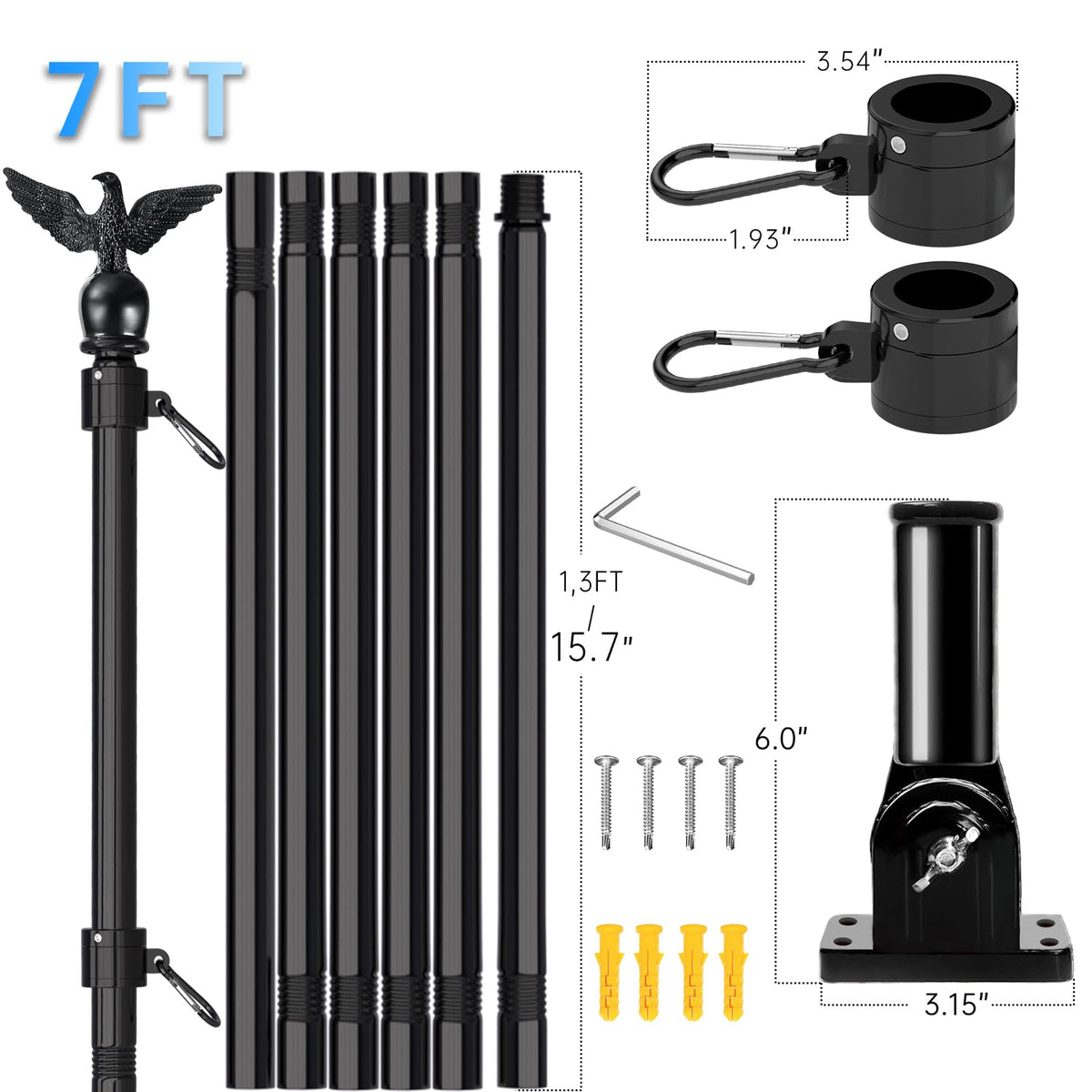 7FT Stainless Steel Flag Pole Kit with Solar Light and Adjustable Bracket W20843