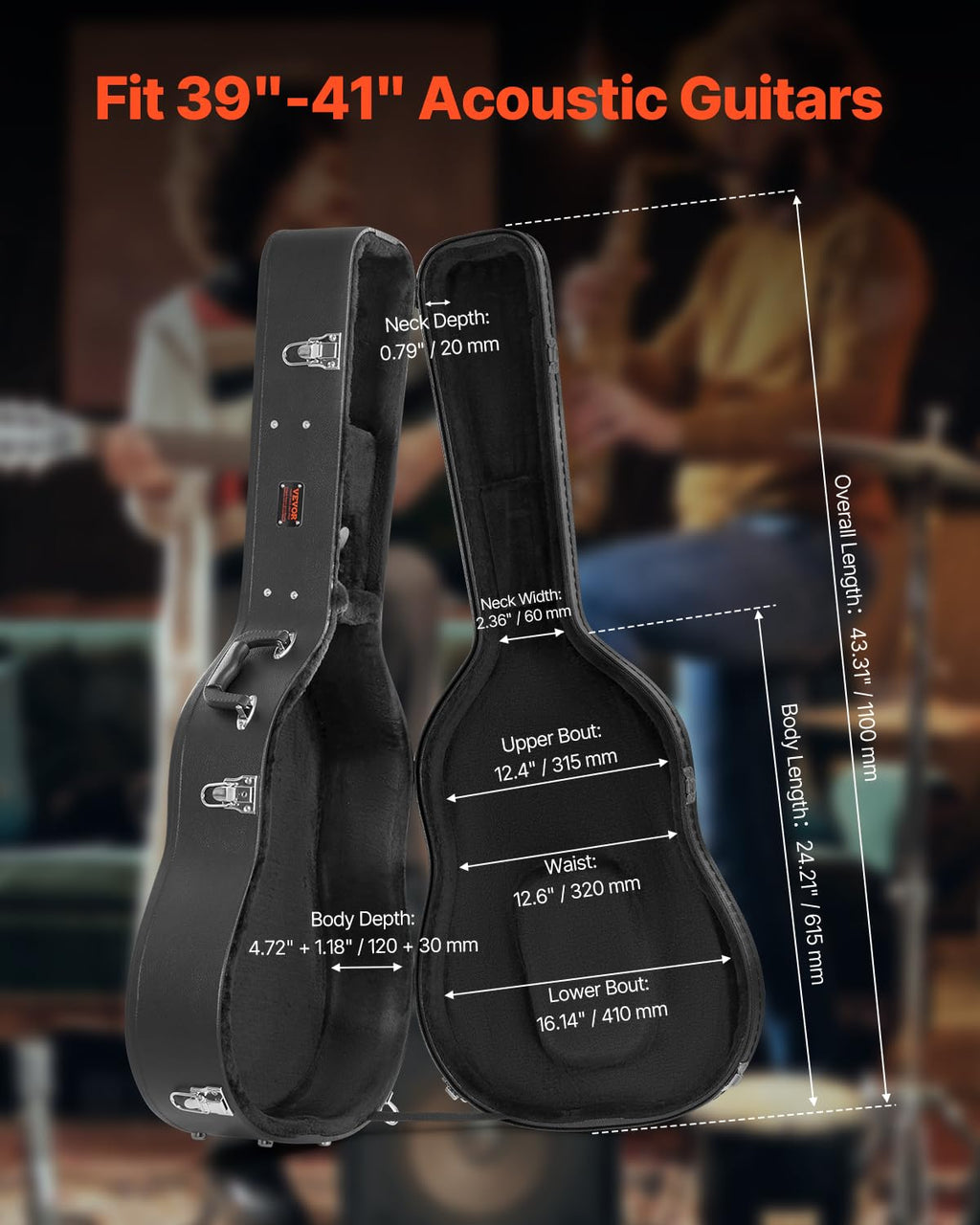 Black 43.31 in Gourd-Shaped Acoustic Guitar Hard Case S933