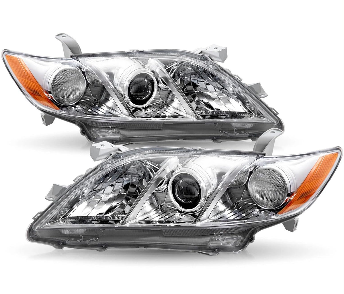 Pair Headlights Assembly Compatible With 2007-2009 Toyota Camry Driver Passenger Side Halogen Chrome Housing Clear Lens B116