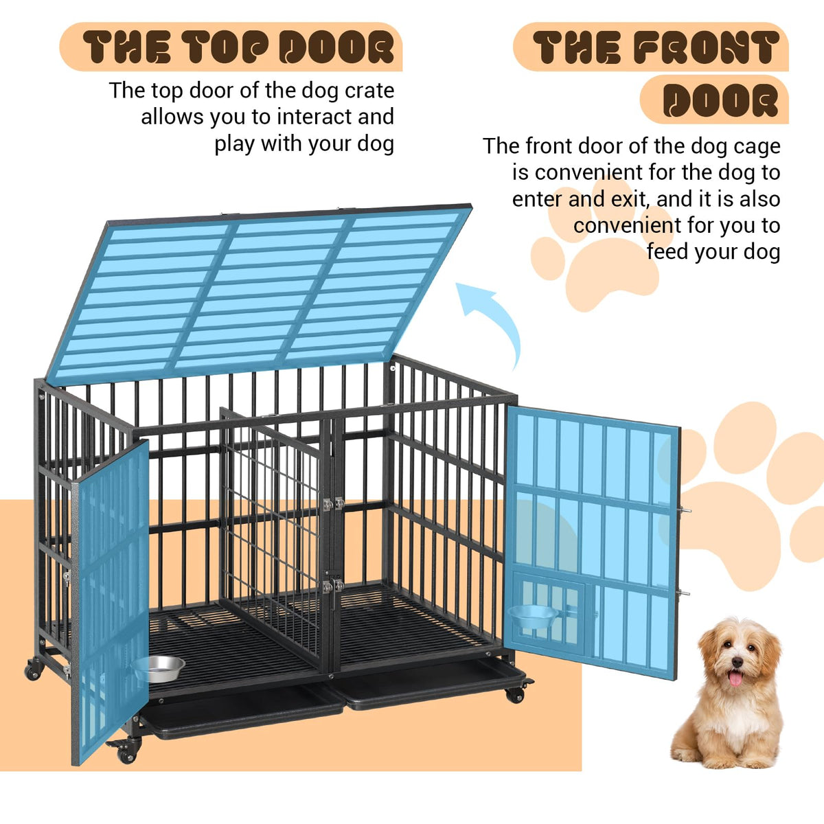 42 inch Heavy Duty Metal Dog Crate with Removable Tray and Wheels K897