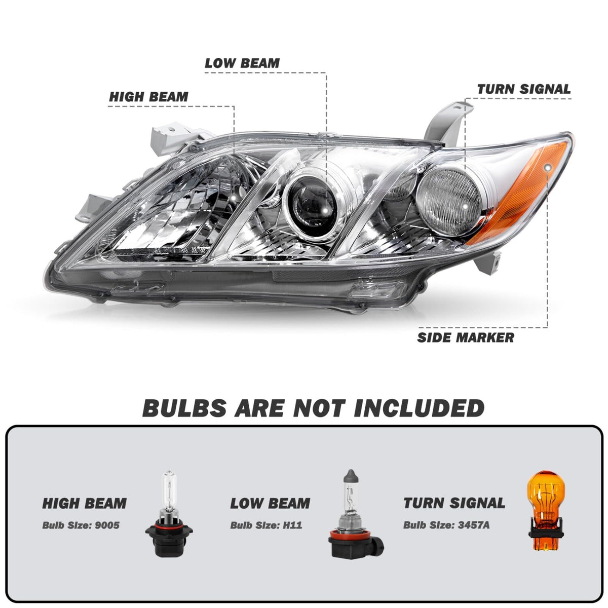 Pair Headlights Assembly Compatible With 2007-2009 Toyota Camry Driver Passenger Side Halogen Chrome Housing Clear Lens B116