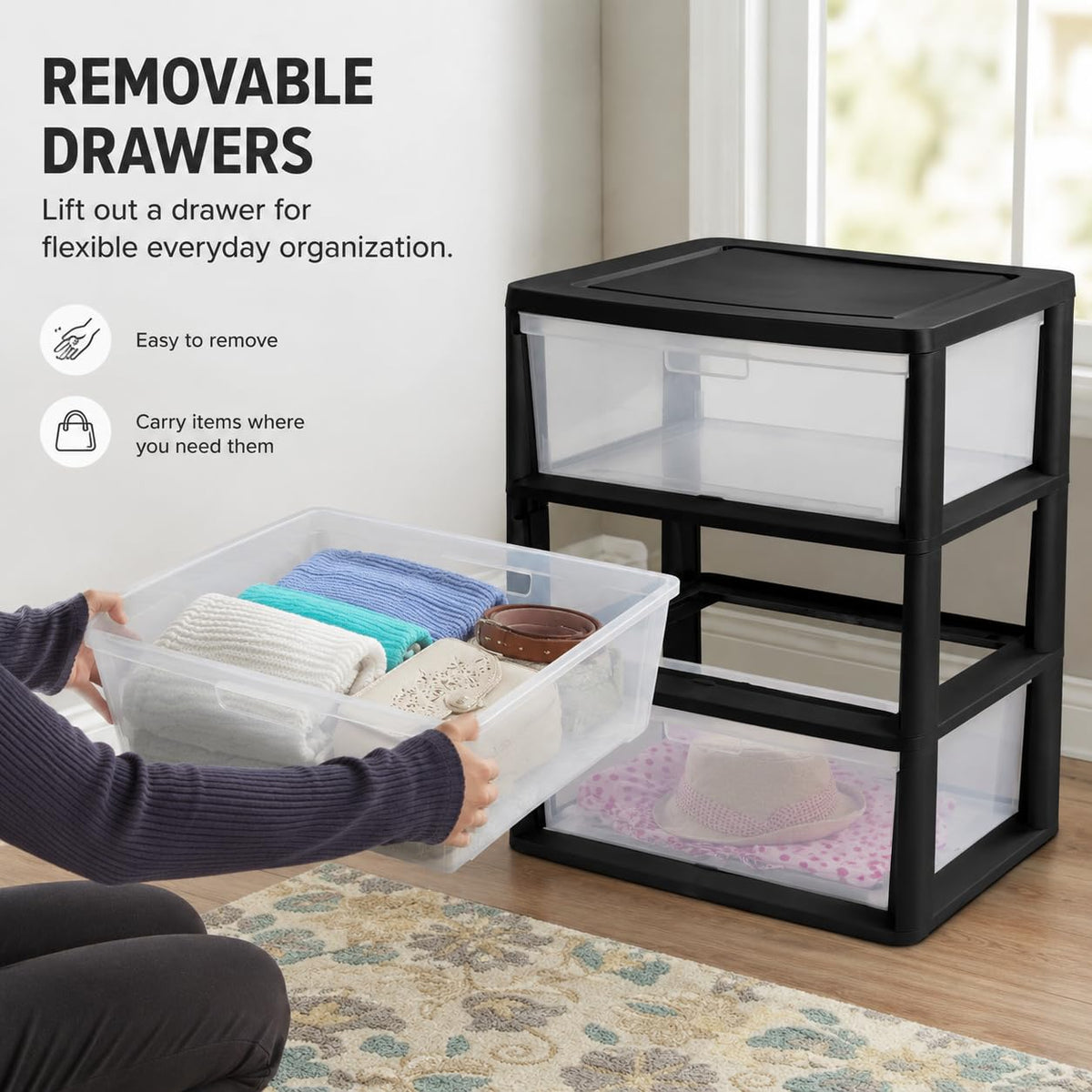 3 Drawer Storage Tower with Clear Bins O7143