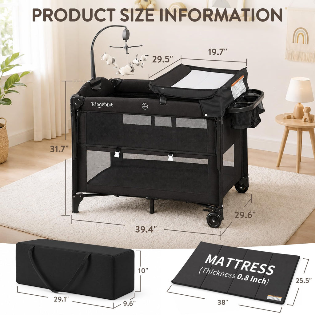 4-in-1 Pack and Play, Baby Bassinet Bedside Sleeper, Black T428