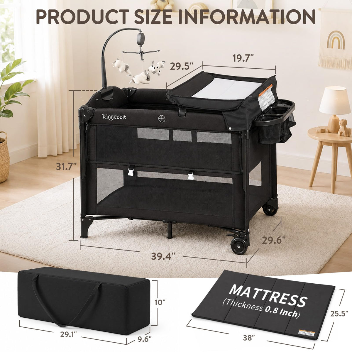 4-in-1 Pack and Play, Baby Bassinet Bedside Sleeper, Black T428