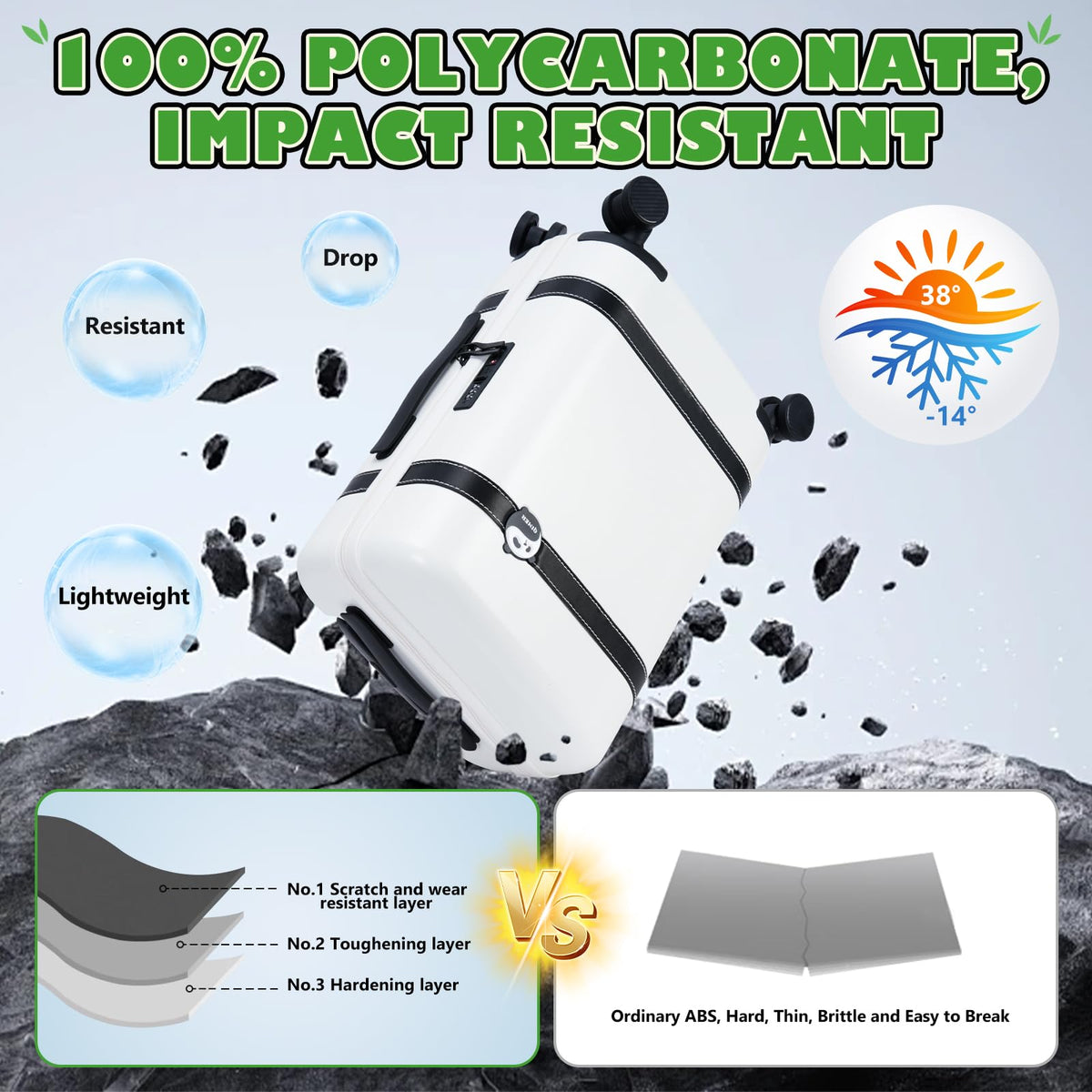 20-inch White PC Hardshell Carry-On Luggage with Spinner Wheels P6555