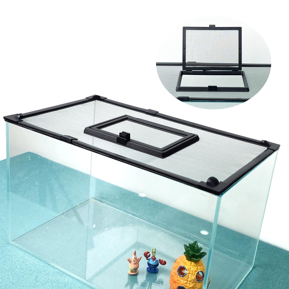 Magnetic Fish Tank Cover with Feeding Window Dark Grey Frame Grey Fiberglass Net O686997