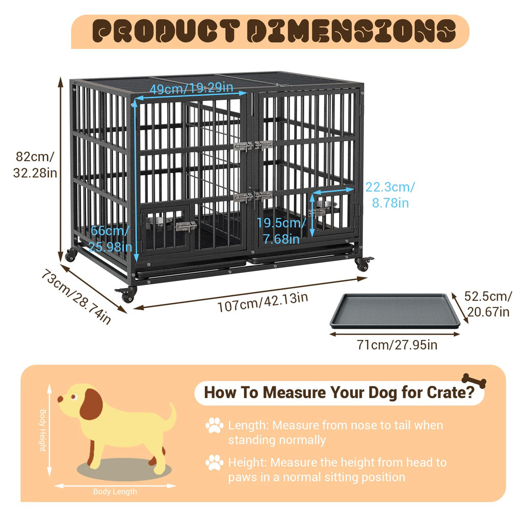 42 inch Heavy Duty Metal Dog Crate with Removable Tray and Wheels K897