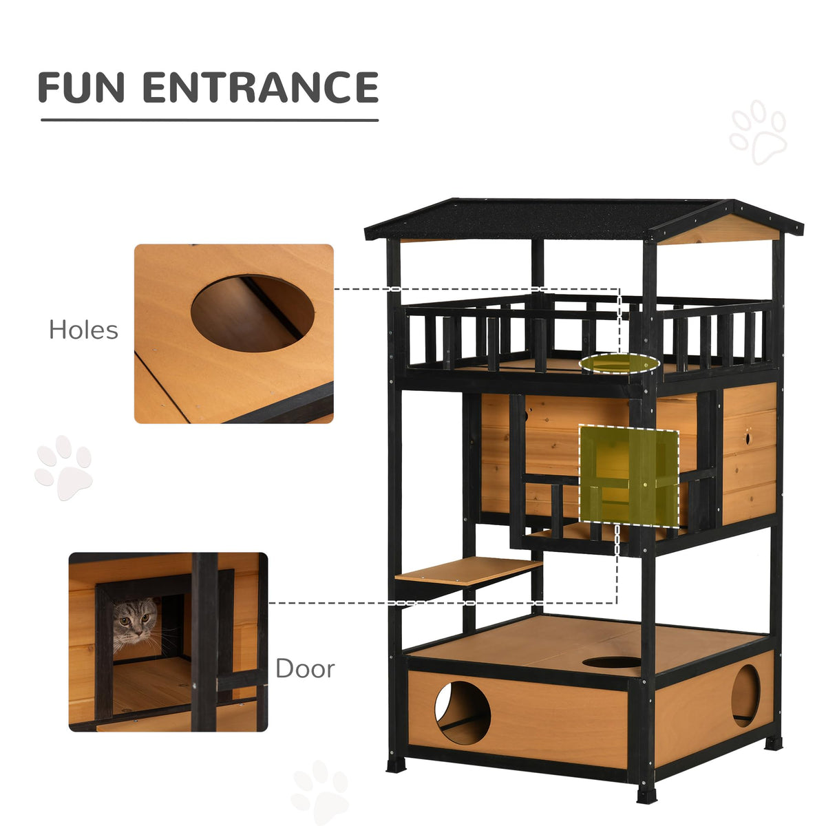 3-Story Wooden Outdoor Cat House with Raised Floor J24371