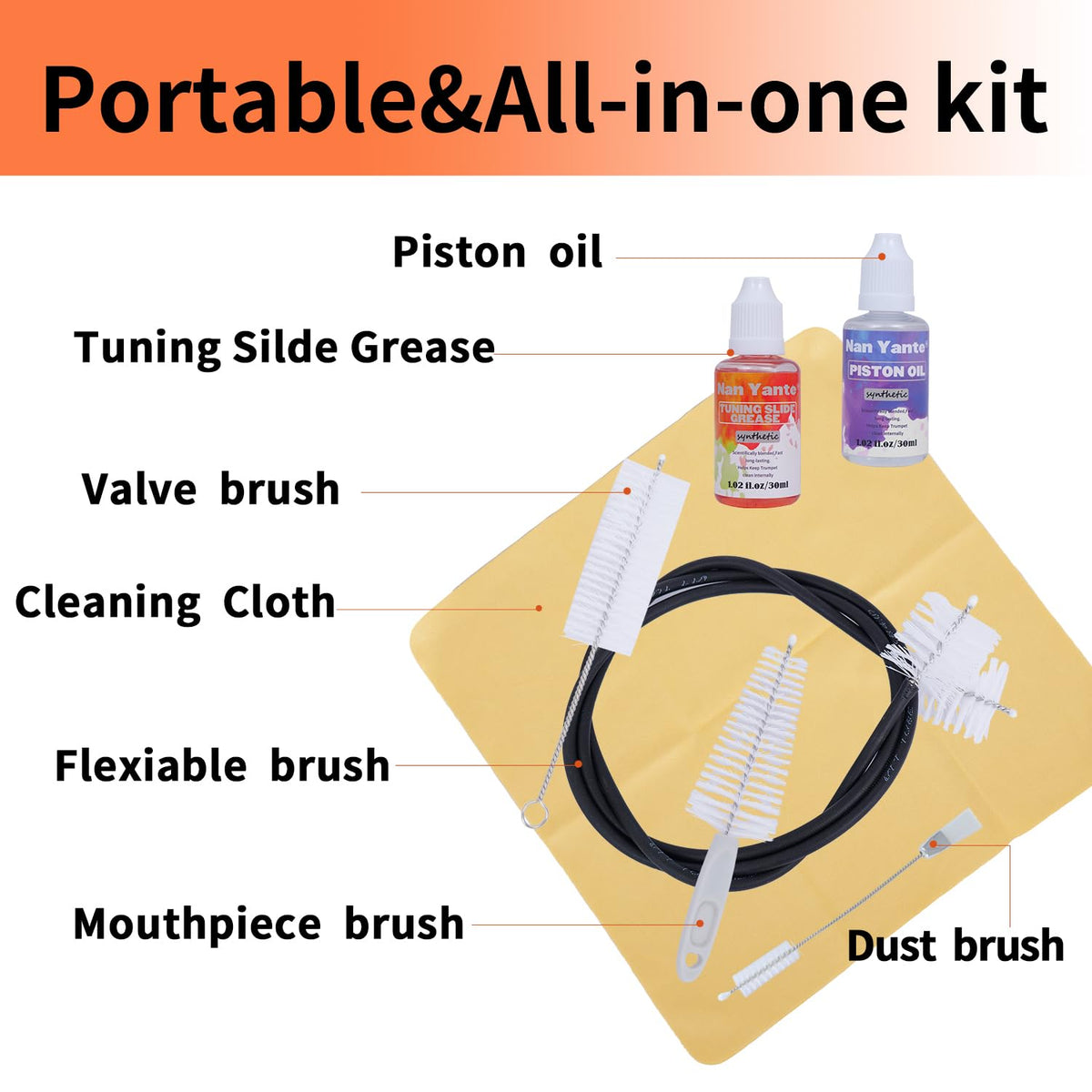 7-in-1 Trumpet Cleaning Kit with Valve Oil, Slide Grease & Snake Brush V274