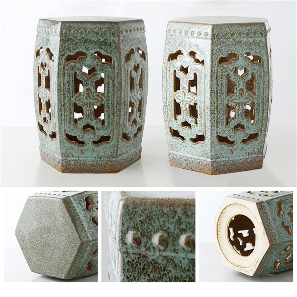 Ceramic Garden Stool Hexagonal Hollow Porcelain Drum Stool T212