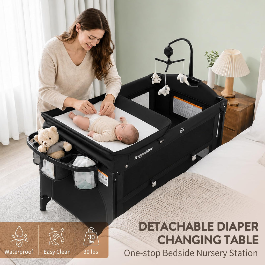 4-in-1 Pack and Play, Baby Bassinet Bedside Sleeper, Black T428