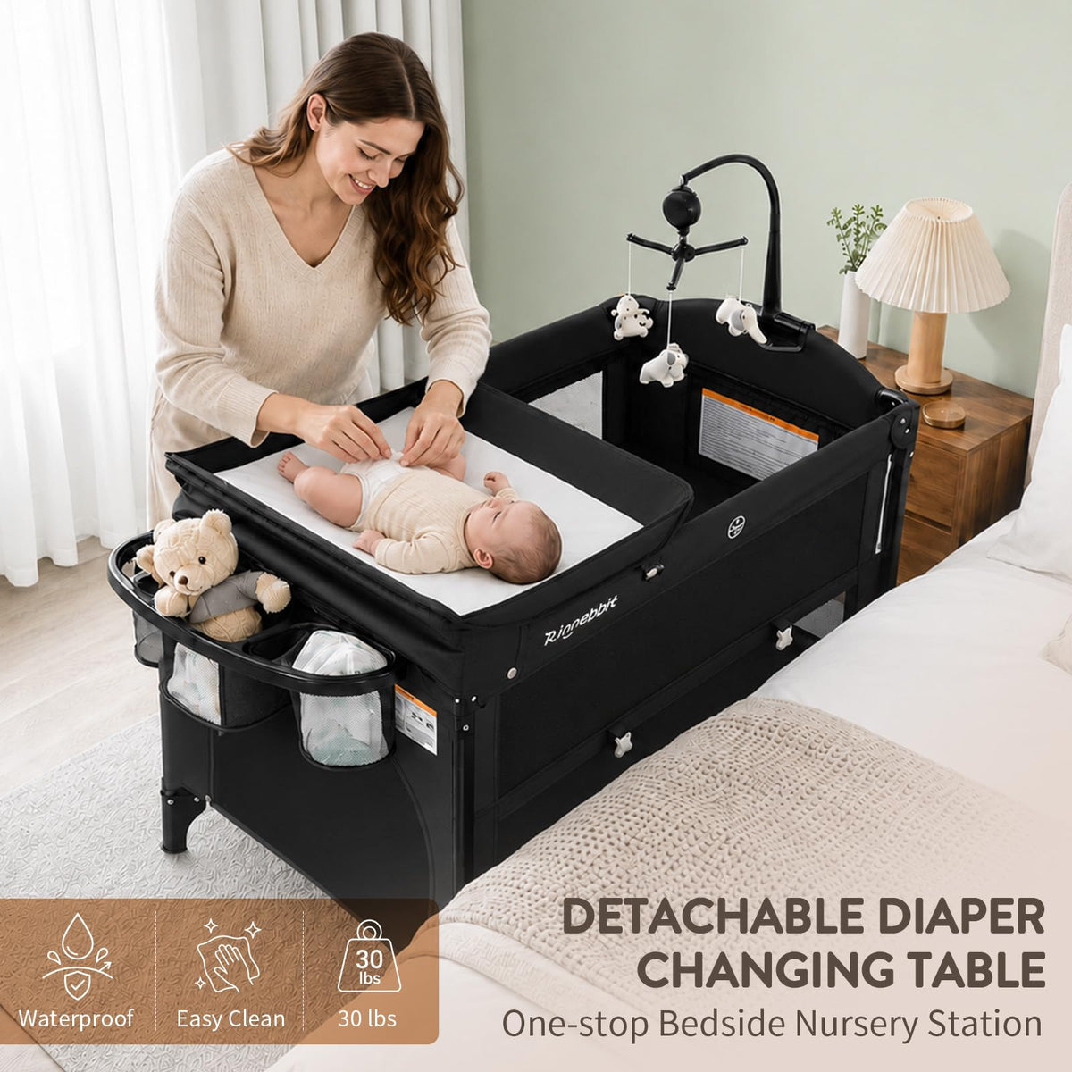 4-in-1 Pack and Play, Baby Bassinet Bedside Sleeper, Black T428