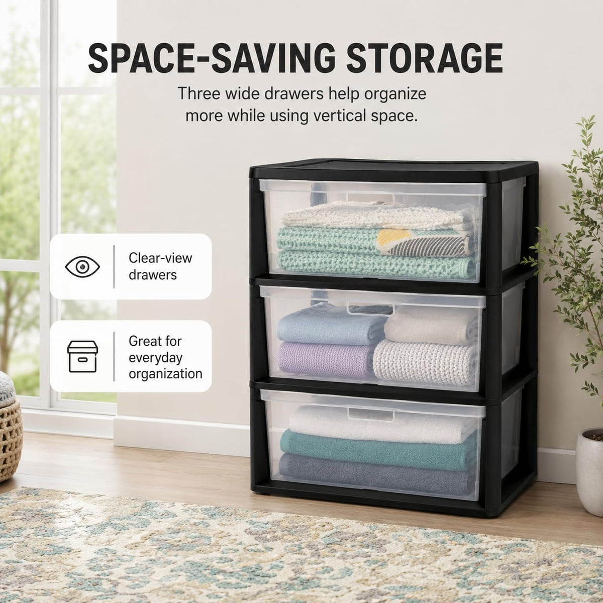 3 Drawer Storage Tower with Clear Bins O7143