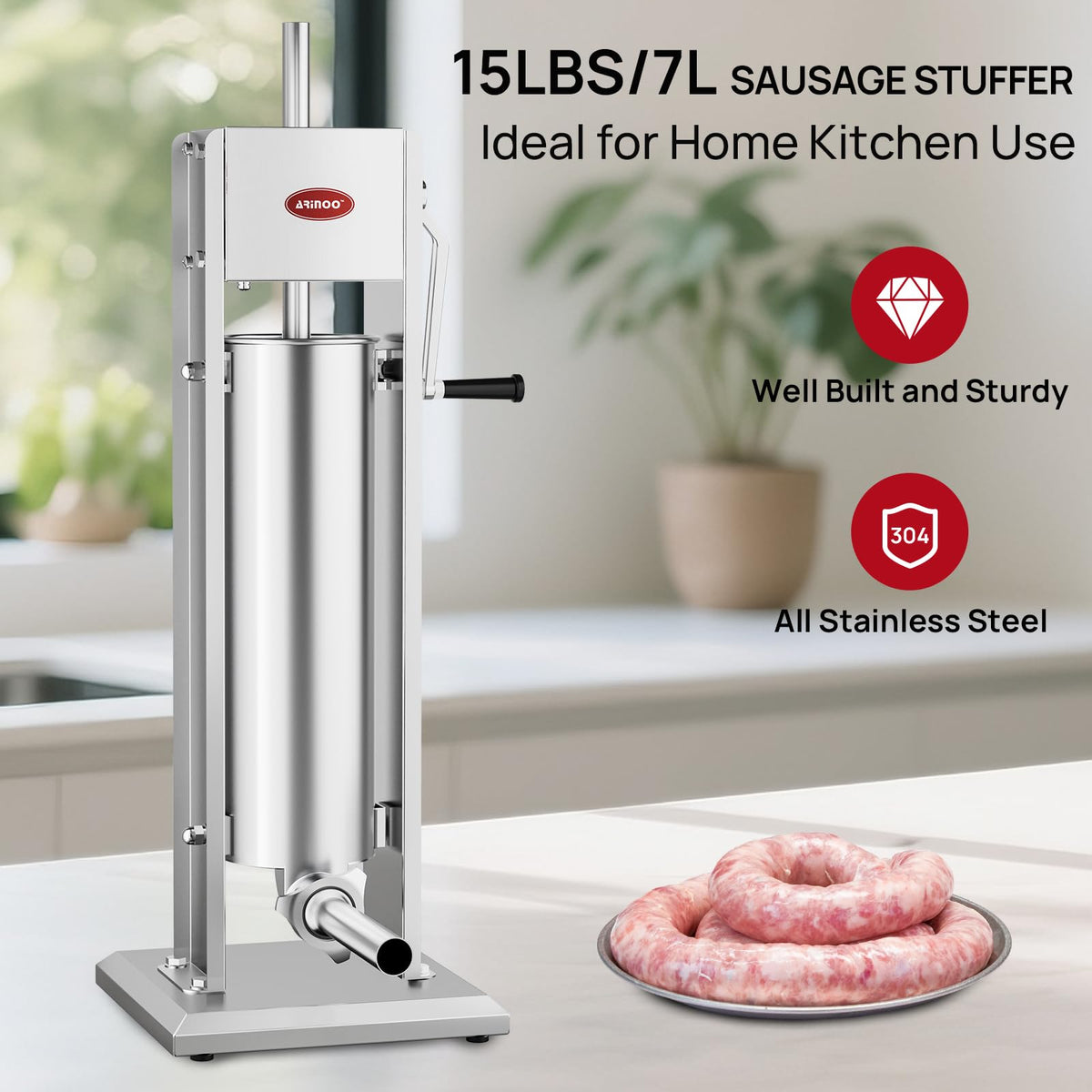 7L Stainless Steel Vertical Sausage Stuffer with 4 Stuffing Tubes X335082