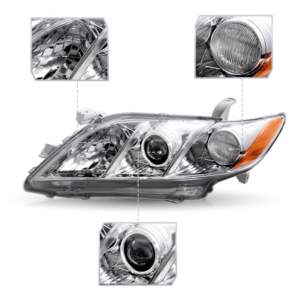Pair Headlights Assembly Compatible With 2007-2009 Toyota Camry Driver Passenger Side Halogen Chrome Housing Clear Lens B116