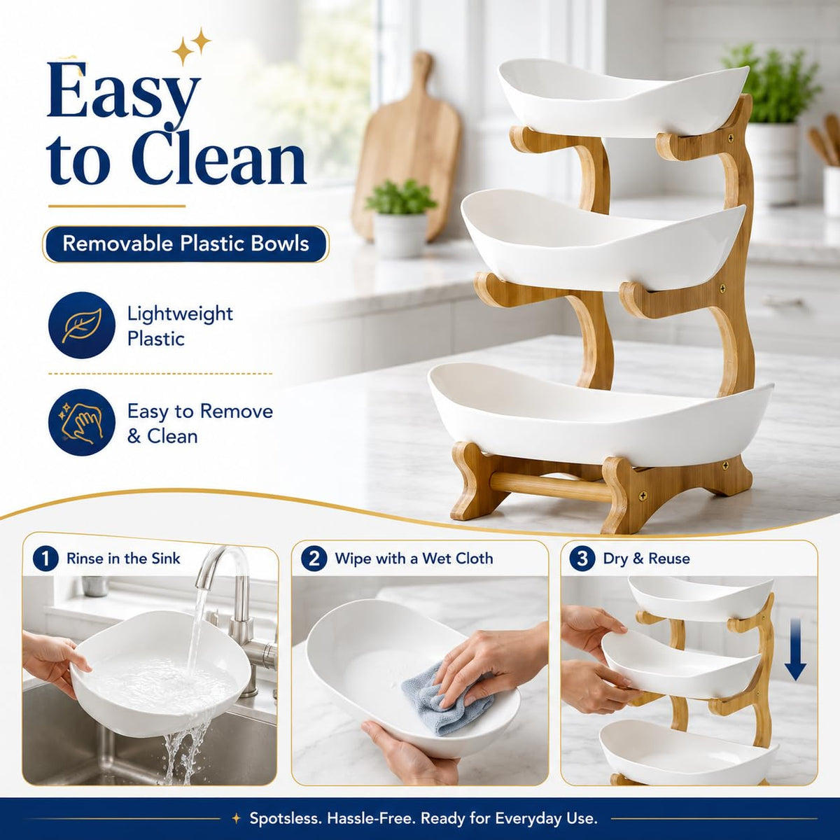 3-Tier Plastic Fruit Bowl Basket with Bamboo Stand L46358