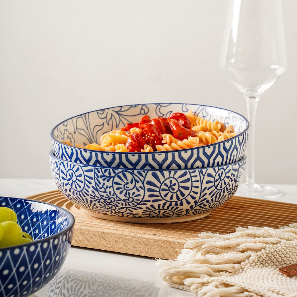 Ceramic Pasta Bowls Set of 4, 30 OZ Vintage Blue B726