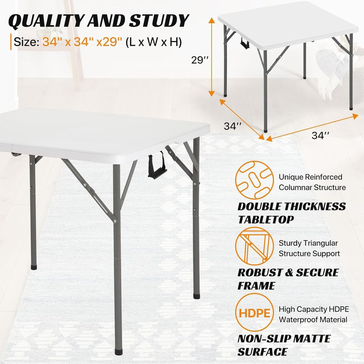 34'' White Folding Card Table with Handle & Steel Legs S632