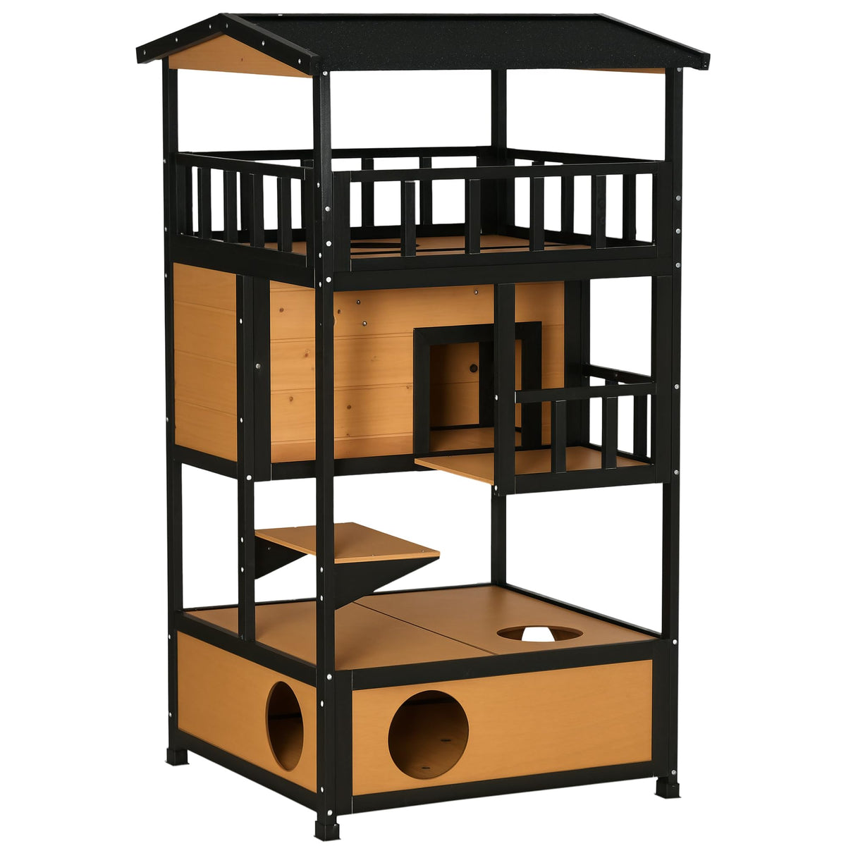 3-Story Wooden Outdoor Cat House with Raised Floor J24371
