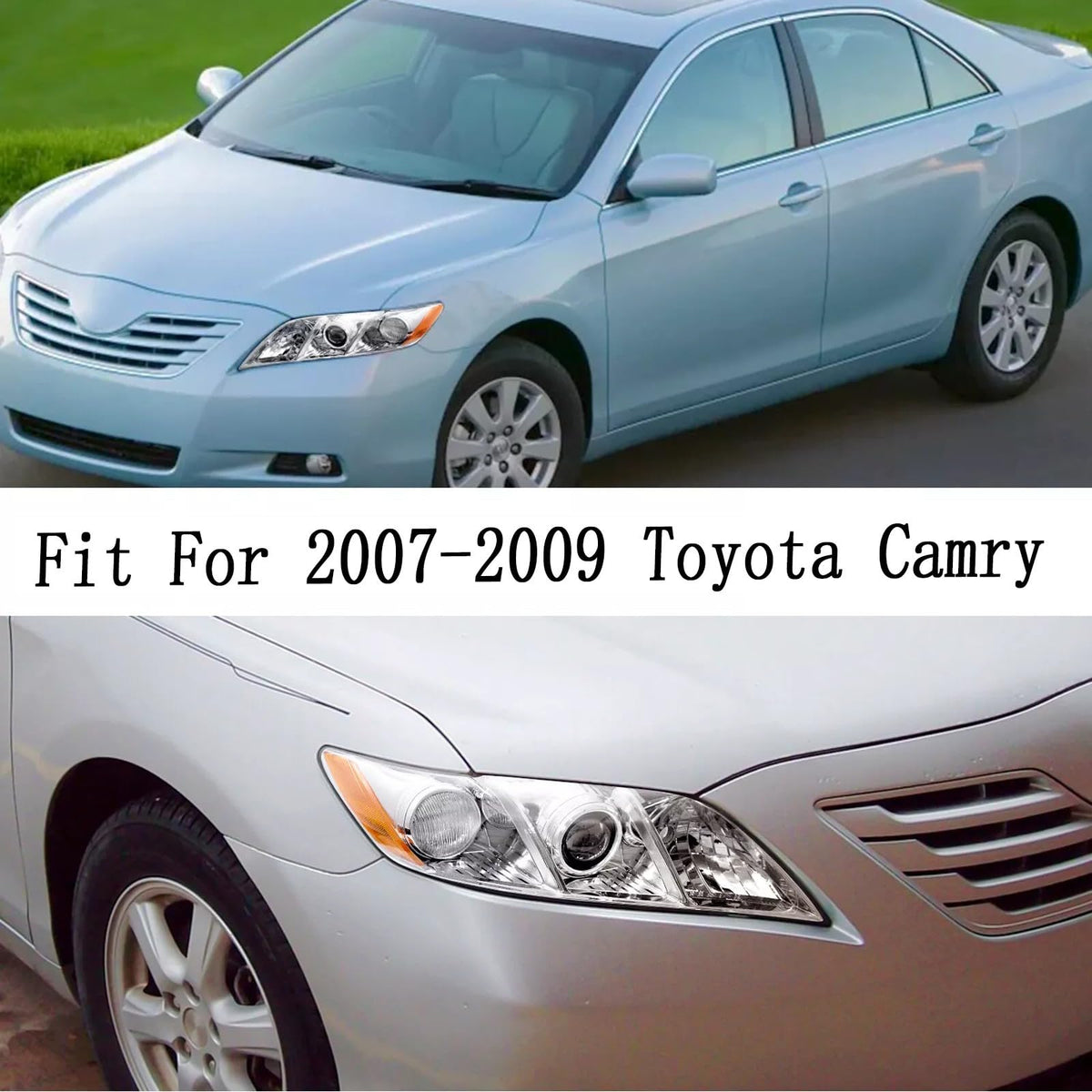Pair Headlights Assembly Compatible With 2007-2009 Toyota Camry Driver Passenger Side Halogen Chrome Housing Clear Lens B116
