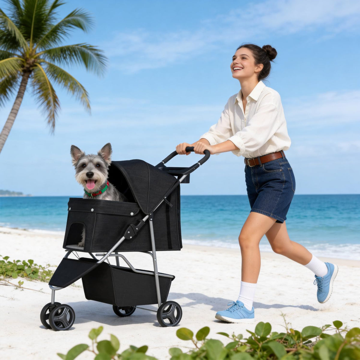 3-Wheel Pet Stroller Breathable Mesh Foldable Black N649