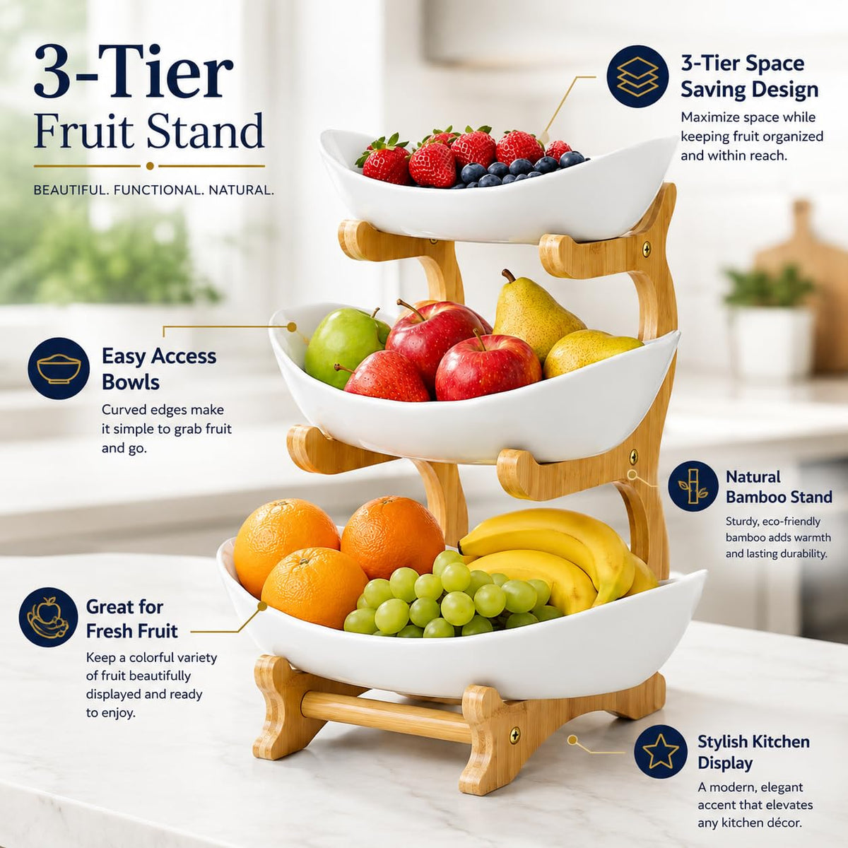 3-Tier Plastic Fruit Bowl Basket with Bamboo Stand L46358