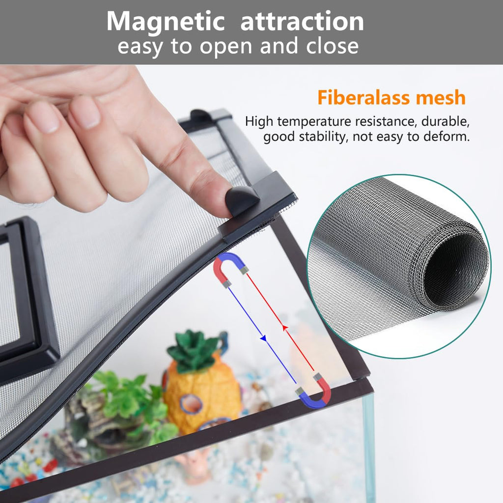 Magnetic Fish Tank Cover with Feeding Window Dark Grey Frame Grey Fiberglass Net O686997