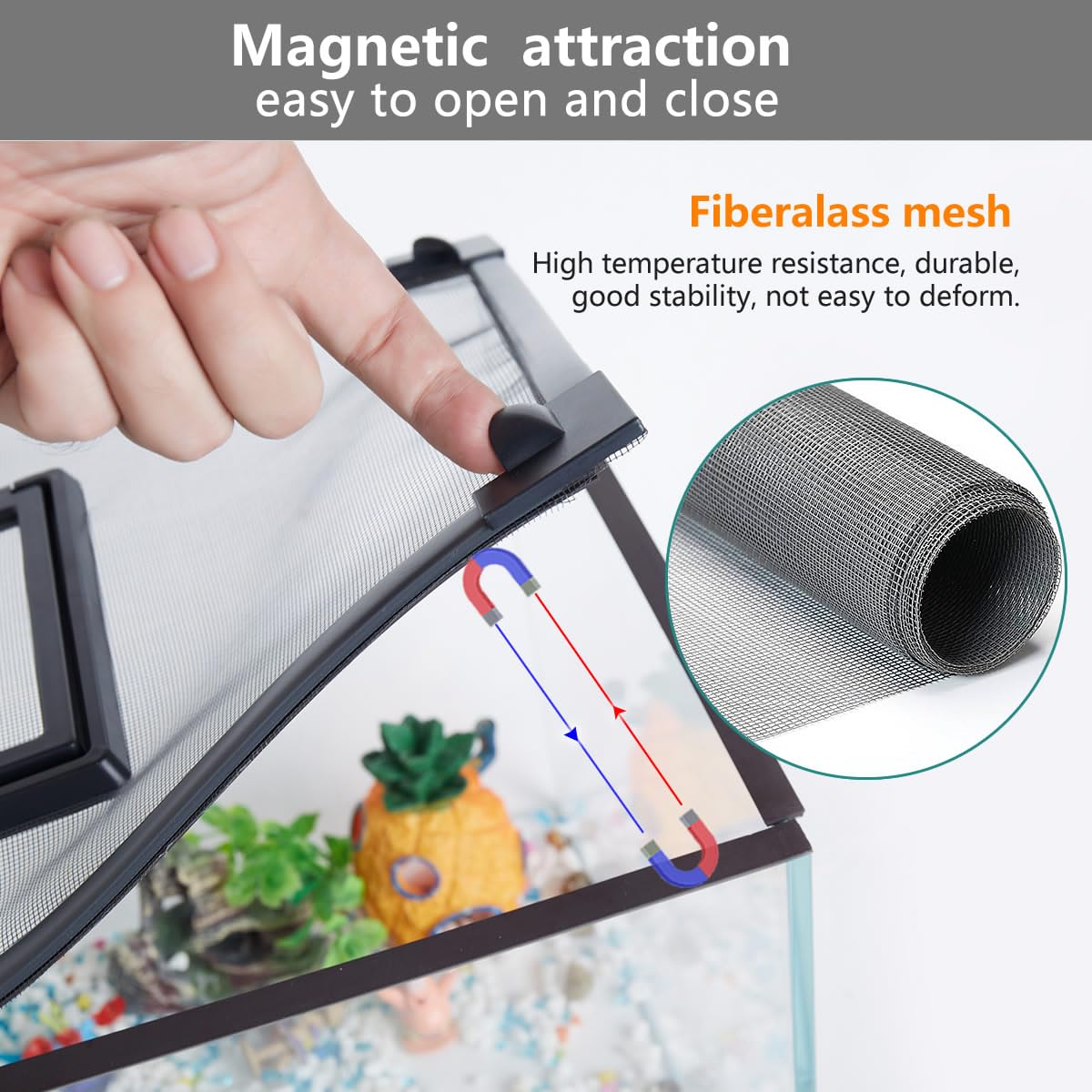 Magnetic Fish Tank Cover with Feeding Window Dark Grey Frame Grey Fiberglass Net O686997