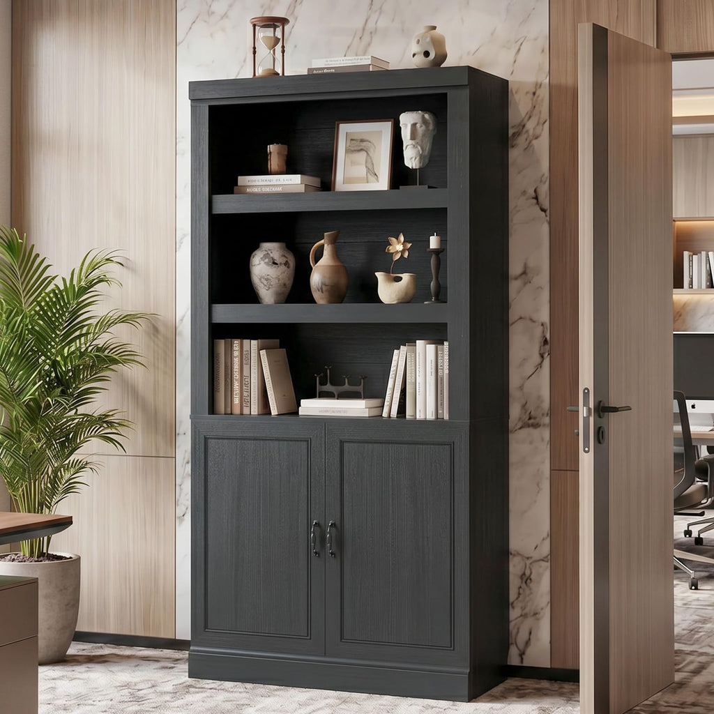 71" Tall Black Bookshelf with Doors and Adjustable Shelves Z898
