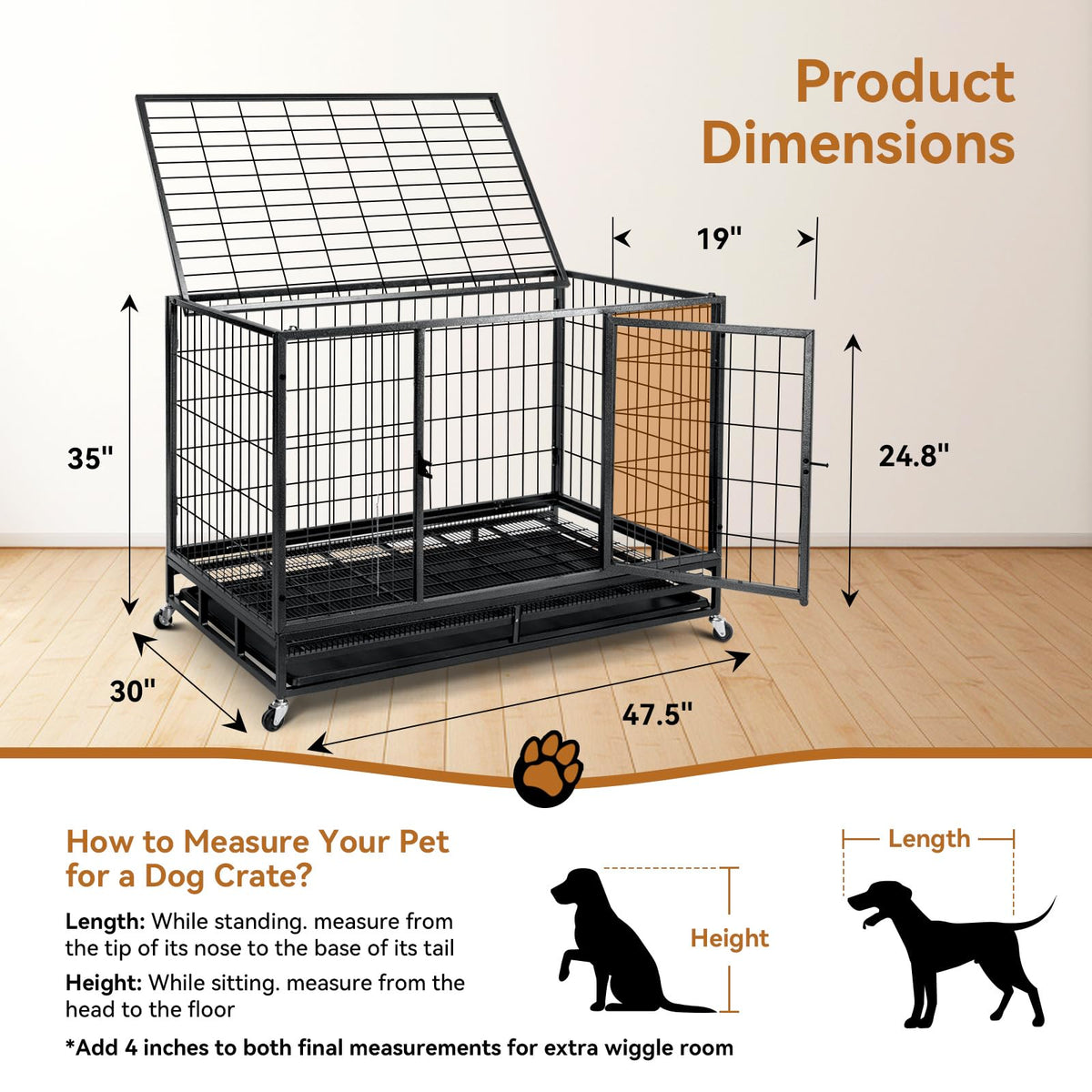 48 inch Wire Dog Crate with Lockable Wheels and Removable Tray Y332