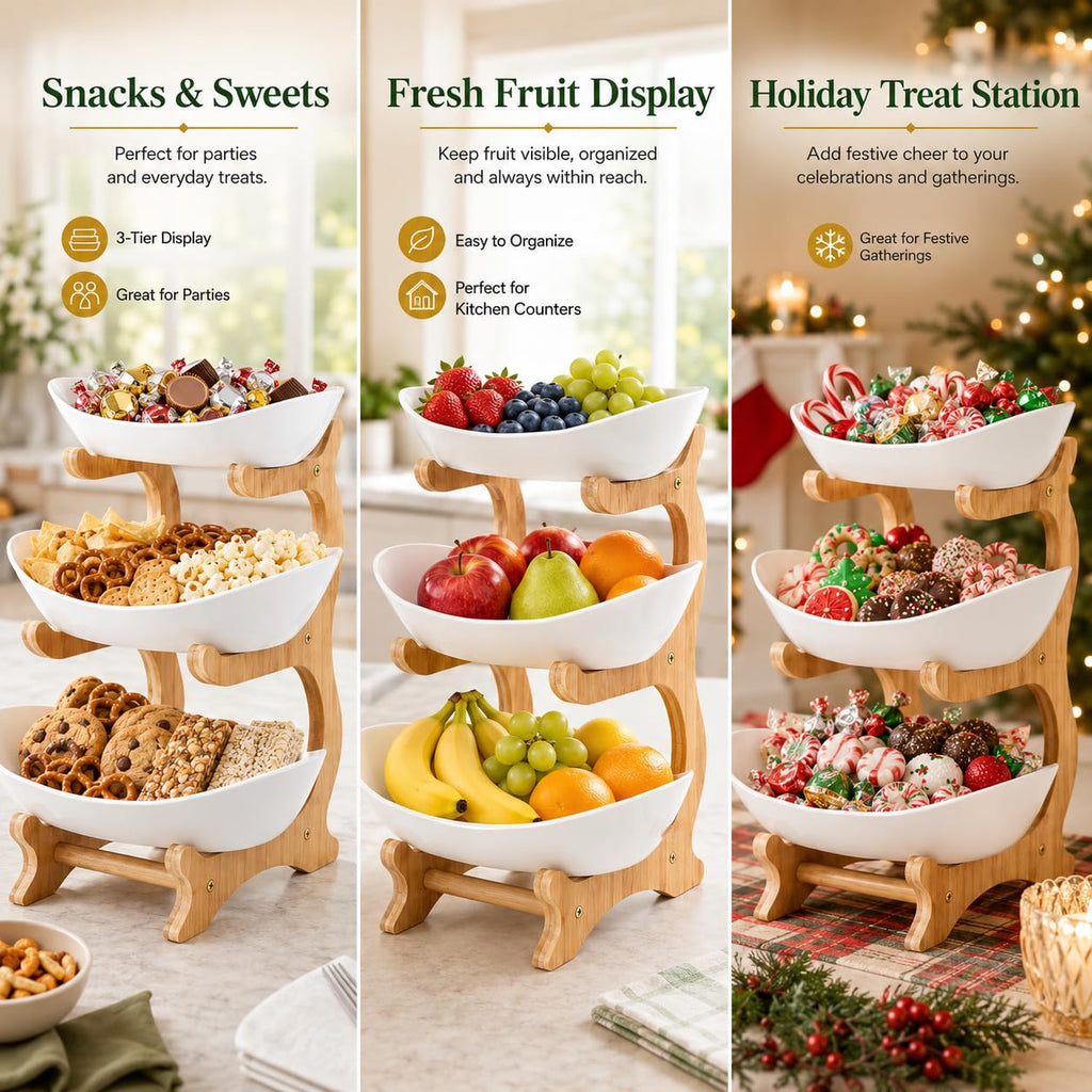 3-Tier Plastic Fruit Bowl Basket with Bamboo Stand L46358