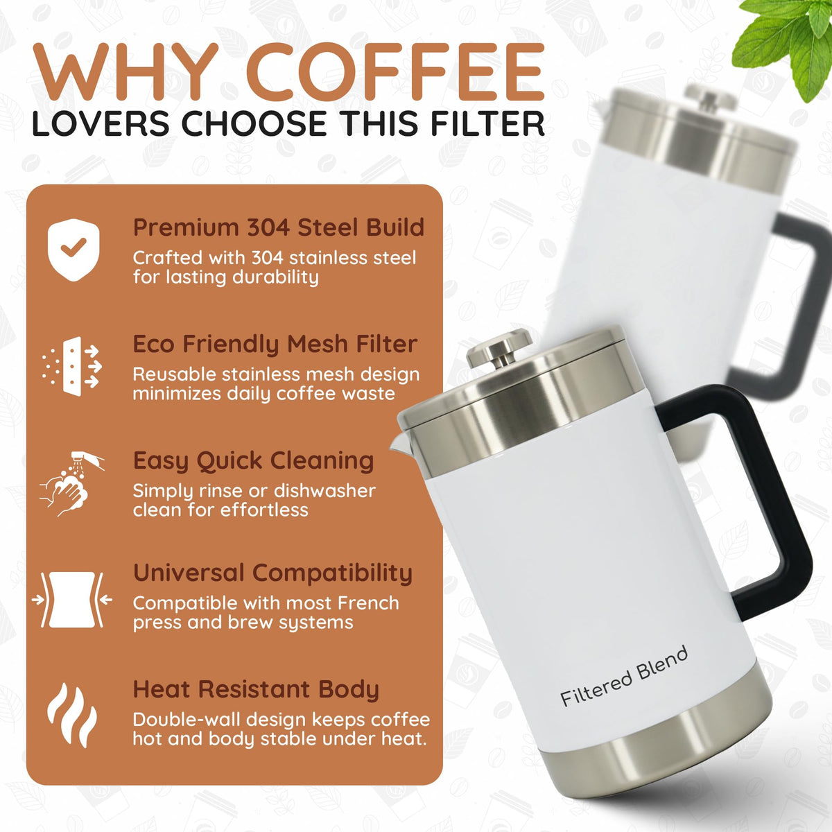 54 oz White Stainless Steel French Press Coffee Maker T201