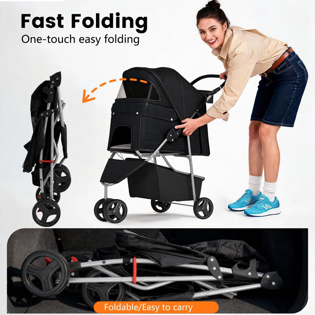 3-Wheel Pet Stroller Breathable Mesh Foldable Black N649