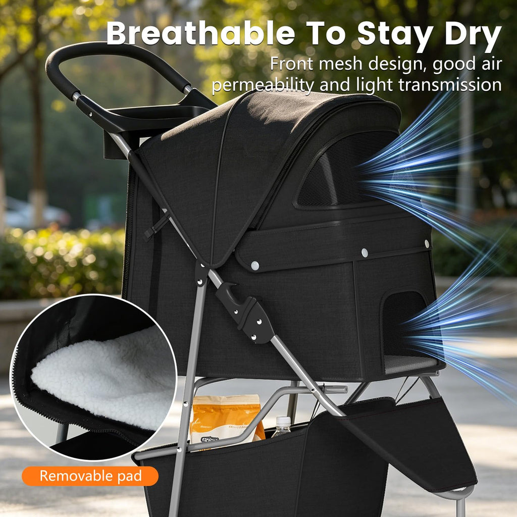 3-Wheel Pet Stroller Breathable Mesh Foldable Black N649