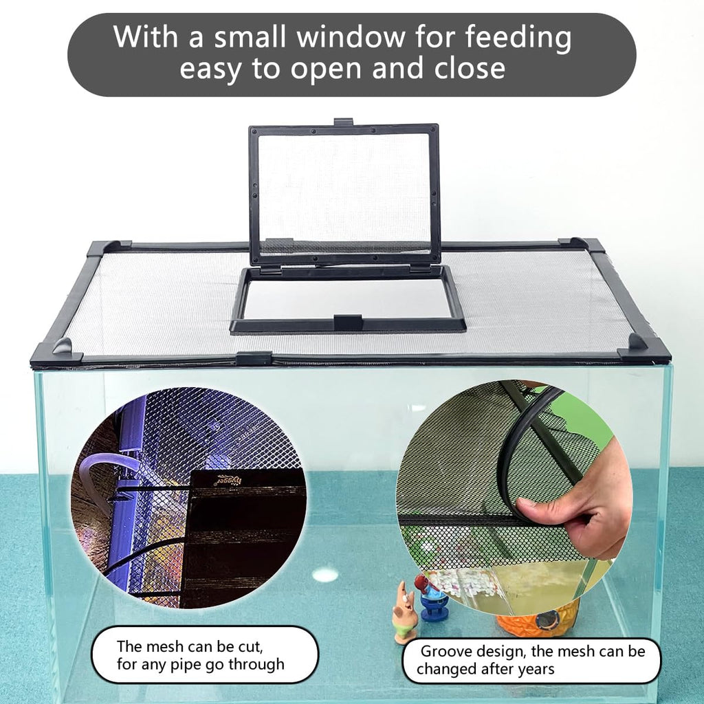 Magnetic Fish Tank Cover with Feeding Window Dark Grey Frame Grey Fiberglass Net O686997