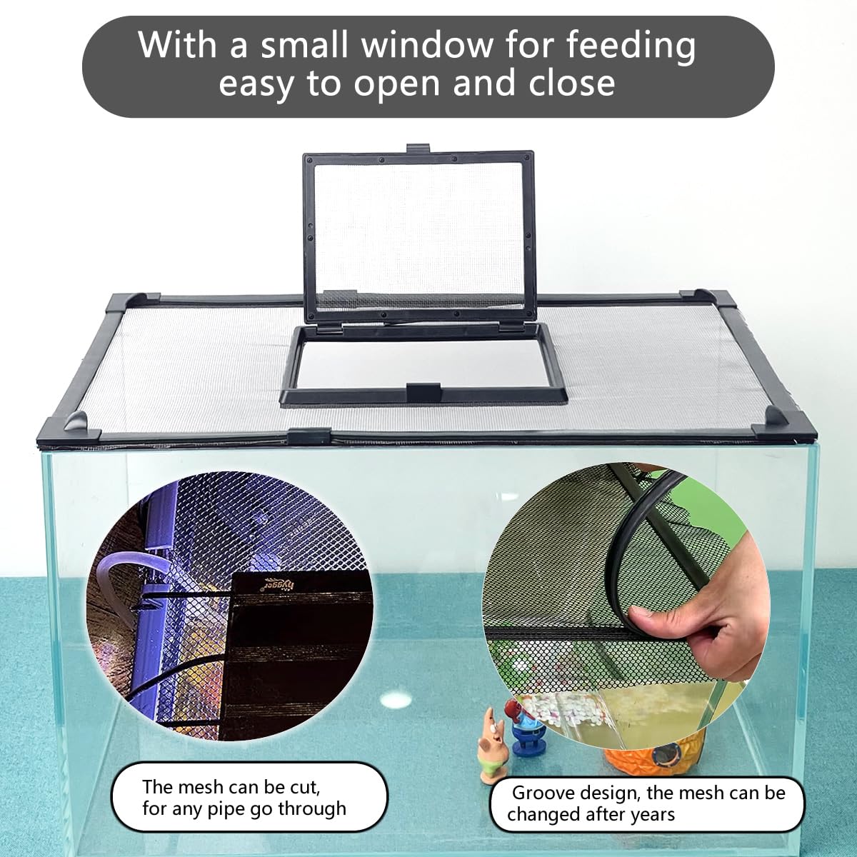 Magnetic Fish Tank Cover with Feeding Window Dark Grey Frame Grey Fiberglass Net O686997